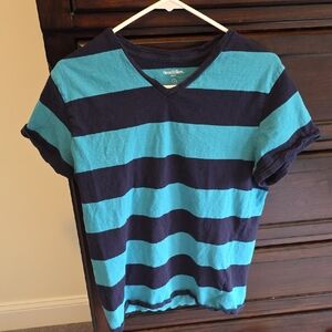 Goodfellow & Co Turquoise and Navy Horizontal Stripe V-Neck Tee